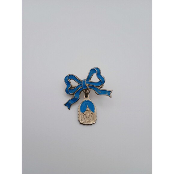 Vintage Blue Ribbon Enamel Saint Mary Religious Dangle Pin Brooch ITALY - Picture 1 of 3